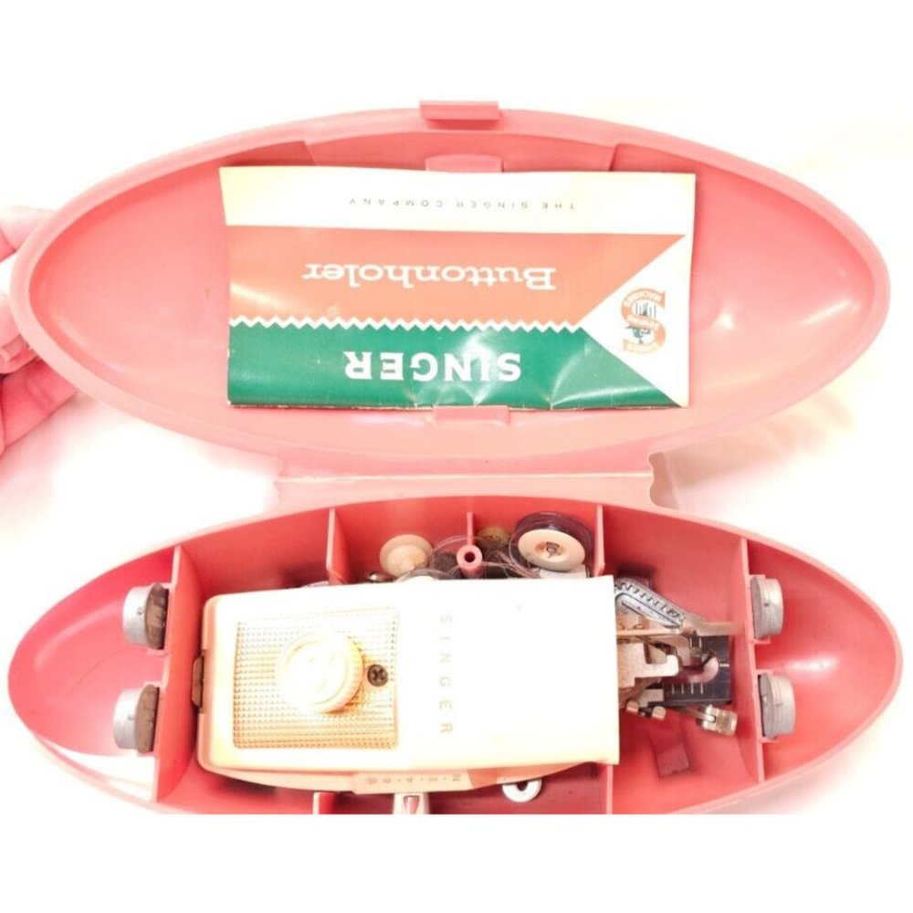 Vintage 1960 Singer Button Holer Sewing Machine Attachments In PINK Case manual